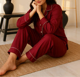 Florea Silk Pajama Set With Scrunchie - Maroon